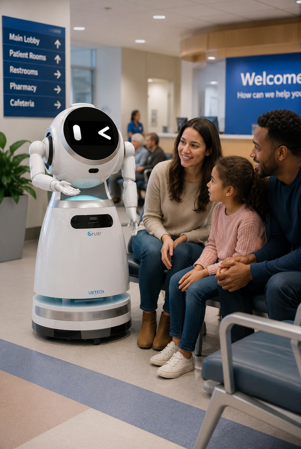 Robot supporting a family in the waiting area