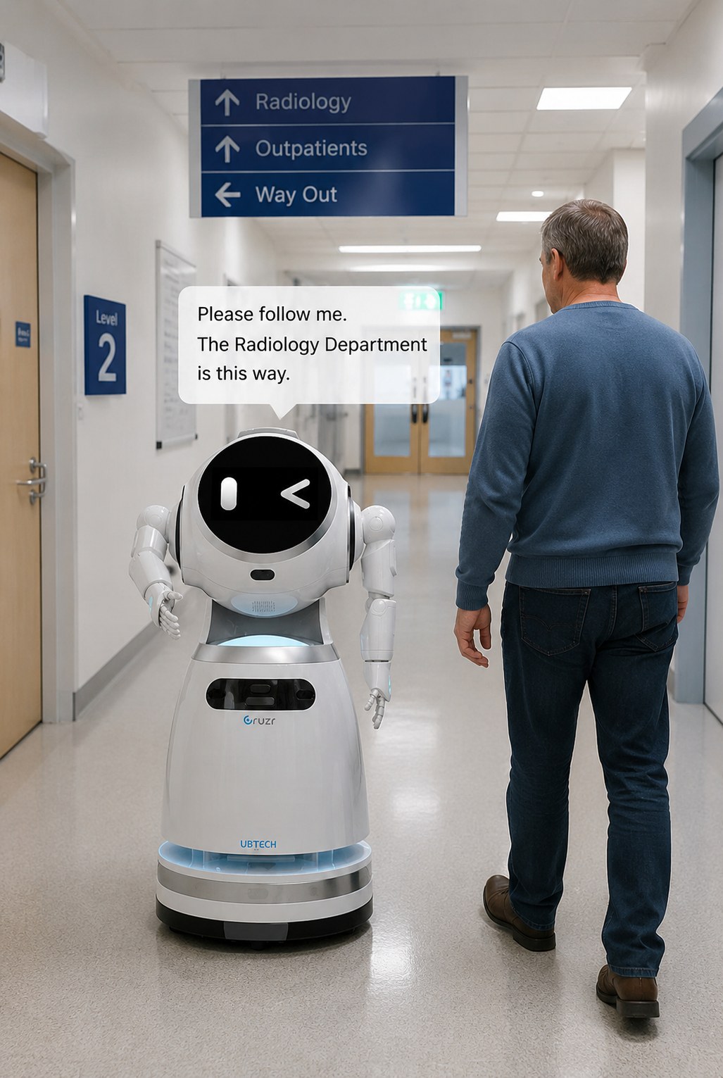 Robot guiding a patient in a hospital corridor