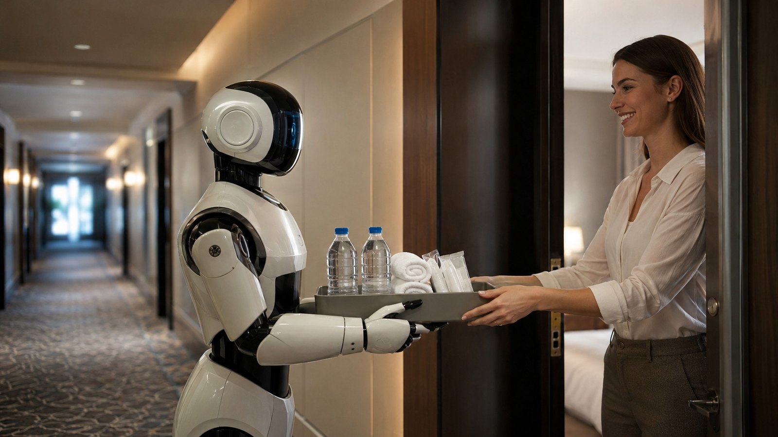 Hotel robot delivering amenities in a corridor