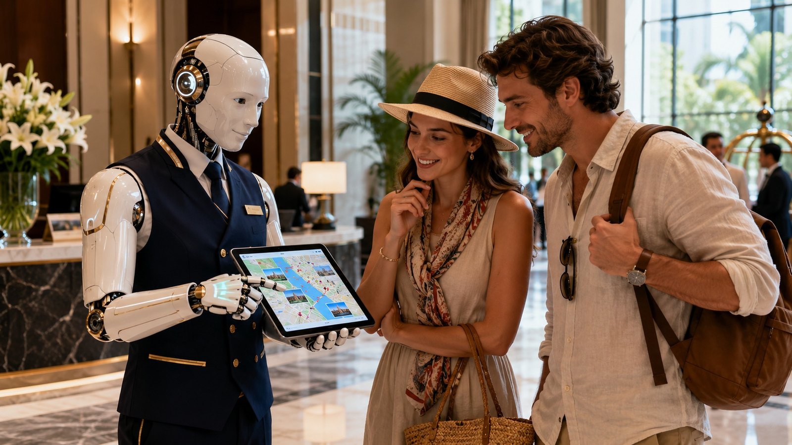 Hotel robot concierge showing information on screen