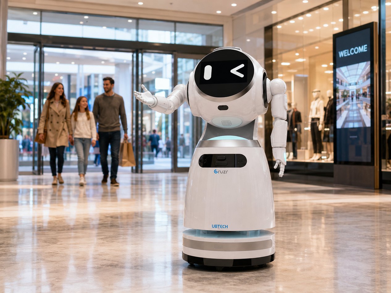 Robot welcoming visitors at a mall entrance