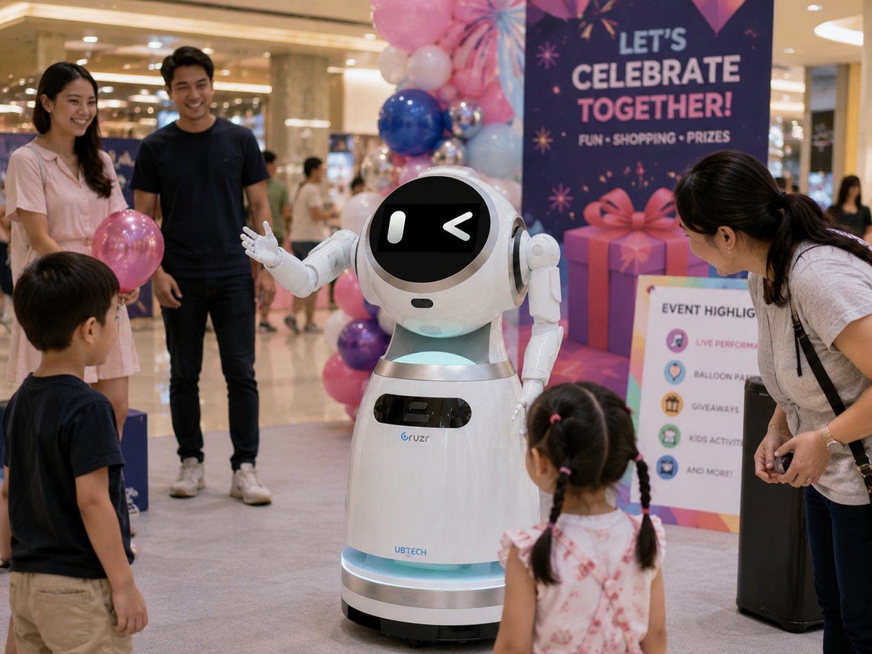 Robot engaging families at a shopping centre event