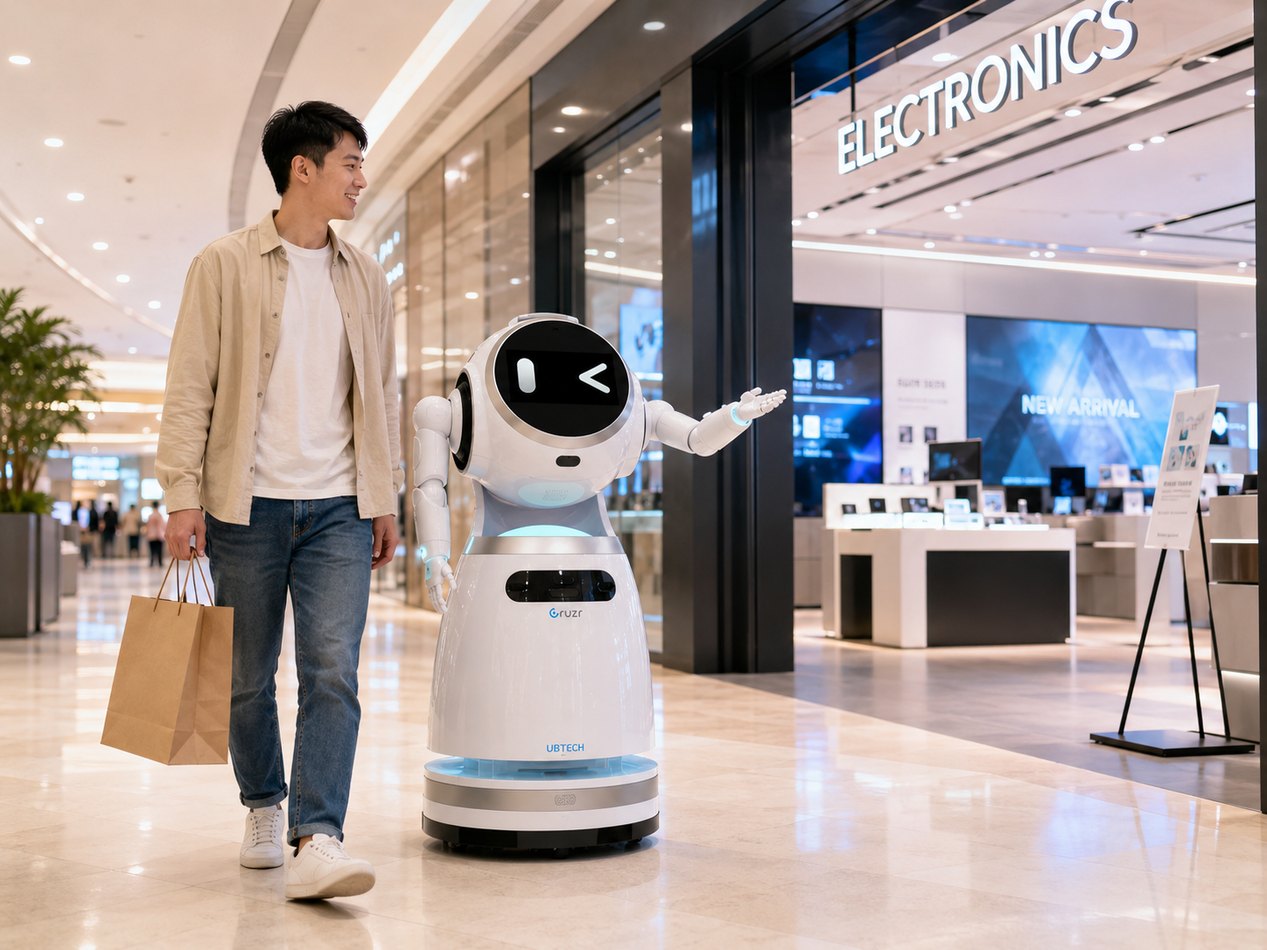 Robot guiding a mall visitor near an electronics store